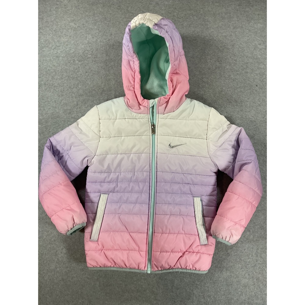 Nike Kids Ombre Puffer Jacket Pink Purple White Hooded Fleece Lined 6-7 Yr 2783